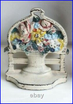 Antique Cast Iron Red Rose Garden Flower Basket Doorstop Orig Paint (#11)