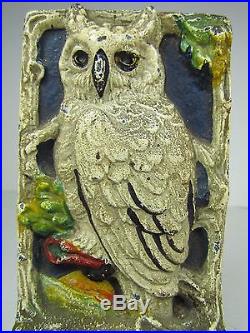 Antique Cast Iron Snow Owl Tree Moon Doorstop Bookend orig old multi color paint