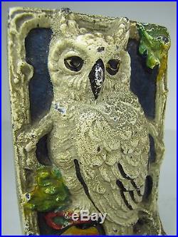 Antique Cast Iron Snow Owl Tree Moon Doorstop Bookend orig old multi color paint