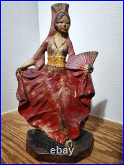 Antique Cast Iron Spanish Girl With Fan Doorstop Original Paint Antique Cast Iron Spanish Girl With Fan Doorstop Original Paint