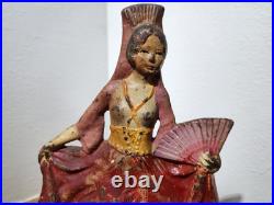 Antique Cast Iron Spanish Girl With Fan Doorstop Original Paint Antique Cast Iron Spanish Girl With Fan Doorstop Original Paint