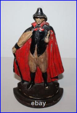 Antique Cast Iron Victorian Door Stop of Man with Cape Holding Book and Cane