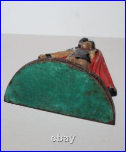 Antique Cast Iron Victorian Door Stop of Man with Cape Holding Book and Cane