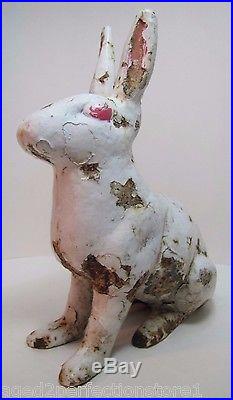 Antique Cast Iron White Rabbit Doorstop old Yard Art large heavy full size bunny