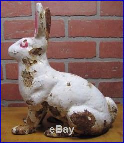 Antique Cast Iron White Rabbit Doorstop old Yard Art large heavy full size bunny