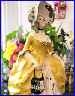 Antique Colonial Woman Americana Cast Iron Doorstop 1930s Figurine Distessed