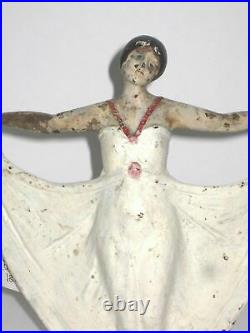 Antique Deco Girl Cast Iron Doorstop Lady In Fan Arm Pose 9 1/4 x 7 1/2
