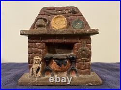 Antique Fireplace Hearth Cast Iron Doorstop with Cauldron and Cat