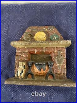 Antique Fireplace Hearth Cast Iron Doorstop with Cauldron and Cat