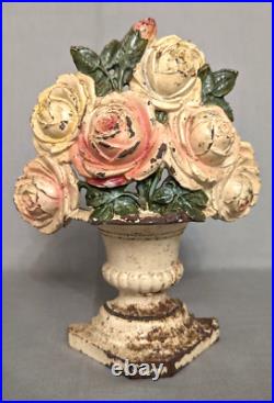 Antique HUBLEY Cast Iron Flowers in Vase Door Stop Roses Dark & Light Pink (S)