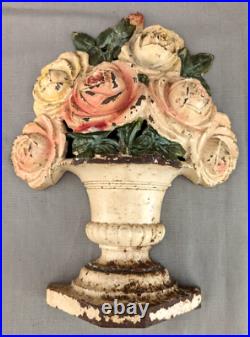 Antique HUBLEY Cast Iron Flowers in Vase Door Stop Roses Dark & Light Pink (S)