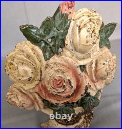 Antique HUBLEY Cast Iron Flowers in Vase Door Stop Roses Dark & Light Pink (S)