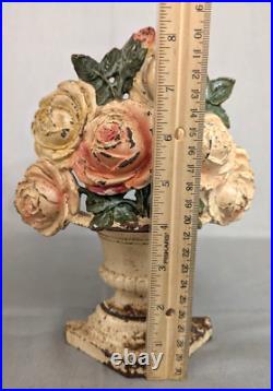 Antique HUBLEY Cast Iron Flowers in Vase Door Stop Roses Dark & Light Pink (S)