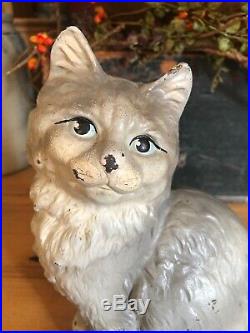 Antique HUBLEY Gray Tabby Sitting Cat Kitten Cast Iron Doorstop Figure Persian