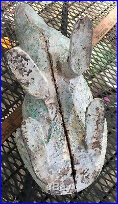 Antique HUBLEY cast iron rabbit door stop/garden statue 9.5x11.5 lovely PATINA
