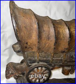 Antique Heavy Cast Iron Door Stop Old West Covered Carriage Wagon 12