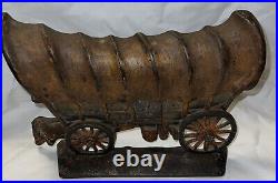 Antique Heavy Cast Iron Door Stop Old West Covered Carriage Wagon 12