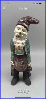 Antique Heavy Cast Iron Garden Mining Gnome with Lantern & Keys Door Stop 9