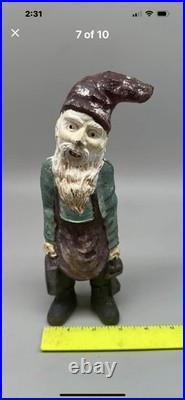 Antique Heavy Cast Iron Garden Mining Gnome with Lantern & Keys Door Stop 9