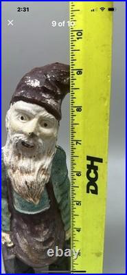 Antique Heavy Cast Iron Garden Mining Gnome with Lantern & Keys Door Stop 9