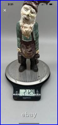 Antique Heavy Cast Iron Garden Mining Gnome with Lantern & Keys Door Stop 9