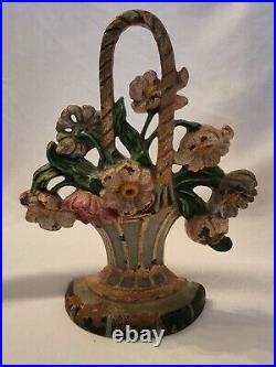Antique Hubley 182 Doorstop Basket of Flowers Cast Iron Original Paint