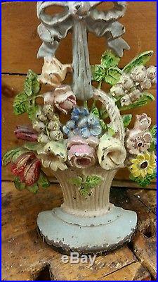 Antique Hubley #189 Flower Basket Door Stop with Bow Lily of the Valley Cast Iron