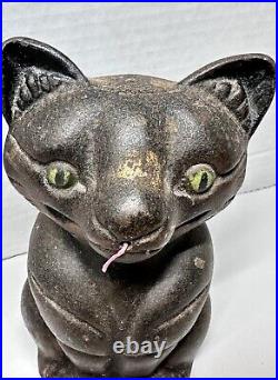 Antique Hubley Cast Iron Black Cat Green Eyes Door Stop String Holder