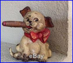 Antique Hubley Cast Iron Doorstop Dog/pup Smoking A Big Old Cigar Old Original