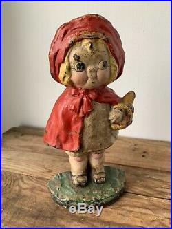 Antique Hubley Cast Iron Doorstop, Little Red Riding Hood, Original Paint, 9.5