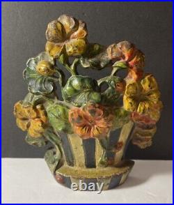 Antique Hubley Cast Iron Nasturtiums Flower Basket Doorstop Original Paint Antique Hubley Cast Iron Nasturtiums Flower Basket Doorstop Original Paint