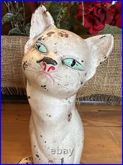 Antique Hubley Cast Iron White Cat With Green Eyes Door Stop