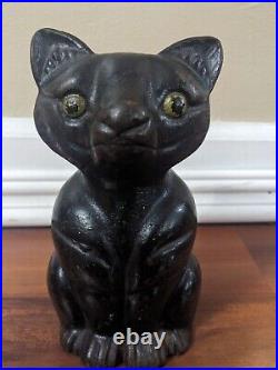 Antique Hubley Green Eyes Cast Iron Sitting Black Cat Doorstop Statue 7