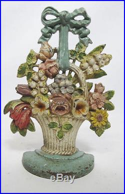 Antique Hubley LILIES OF VALLEY Flower Basket Cast Iron Door Stop Doorstop yqz