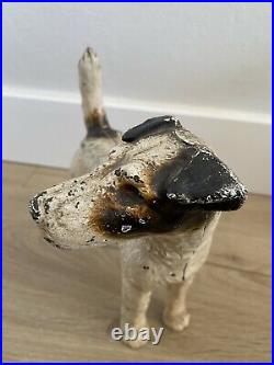 Antique Hubley Painted Cast Iron Fox Terrier Dog Doorstop Statue 8.75 Tall