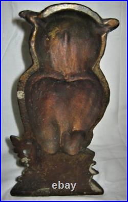 Antique Hubley Toy Co. USA # 254 Owl Tree Stump Holly Berries Cast Iron Doorstop