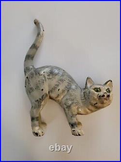 Antique Hubley Toy Co. USA Stripe Tabby Cat Cast Iron Arched Back Doorstop