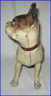 Antique Hubley USA Brown & Cream Boston Terrier Brass Collar Cast Iron Doorstop