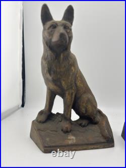 Antique Hubley singed german shepherd dog door stop book ends pair original #275