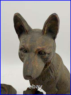 Antique Hubley singed german shepherd dog door stop book ends pair original #275