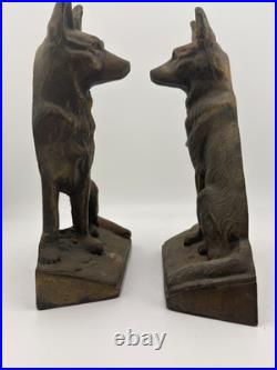 Antique Hubley singed german shepherd dog door stop book ends pair original #275