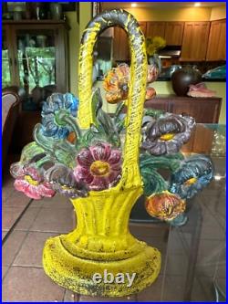 Antique Iron Doorstop Basket of Flowers Orig Paint Cosmos 8 1/2 X 7 1/4