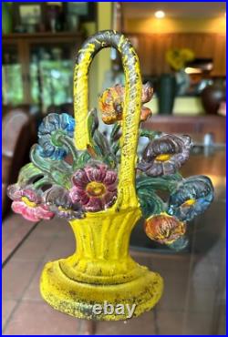 Antique Iron Doorstop Basket of Flowers Orig Paint Cosmos 8 1/2 X 7 1/4