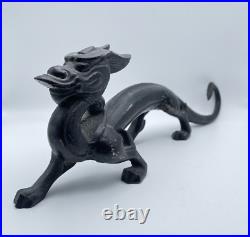 Antique Late Qing Dynasty Chinese Cast Iron Dragon Statue Doorstop Black Bookend