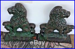 Antique Lion Pair Cast Iron Heraldic Doorstop Mantle statue 1860 XL 20 70lbs