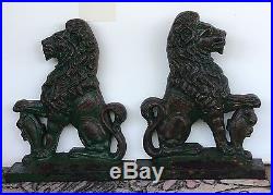 Antique Lion Pair Cast Iron Heraldic Doorstop Mantle statue 1860 XL 20 70lbs