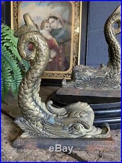 Antique Pair Cast Iron Brass Dolphin Motif Doorstop X2 Fish Coalbrookdale Style