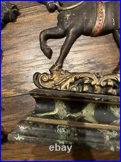 Antique Pair Of Cast Iron Prancing Horses Door Stops I