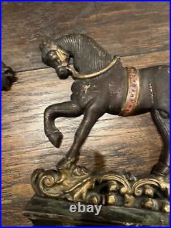 Antique Pair Of Cast Iron Prancing Horses Door Stops I