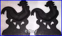 Antique Pair Old Metal Cast Iron 1122 Rooster Chickens Bantam Bookends Door Stop